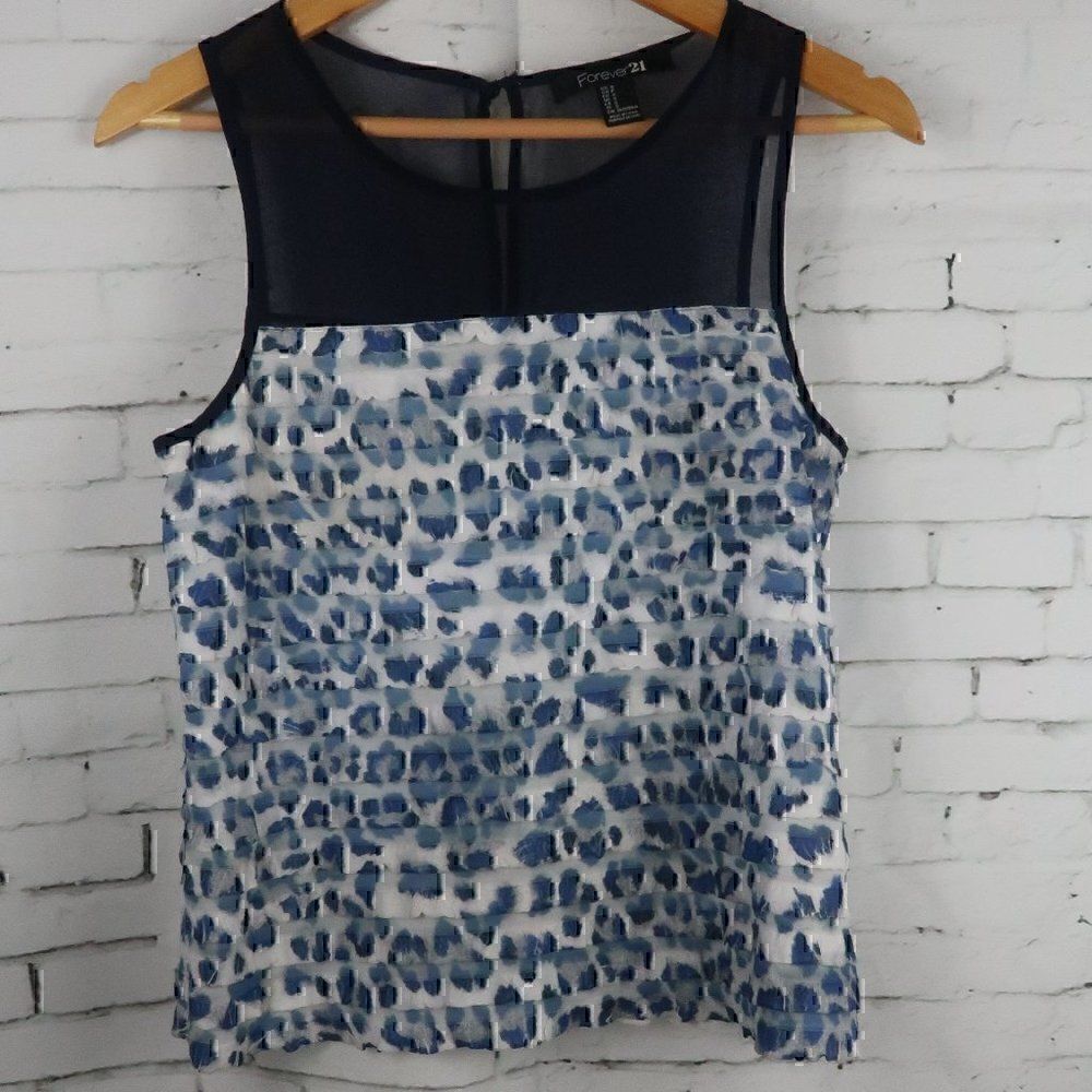 FOREVER 21 BLUE SHEER TIERED ANIMAL PRINT SLEEVELESS BLOUSE WOMENS SIZE SMALL